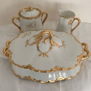 Antique Haviland Limoges White Porcelain China Set w/ Gold Gilt, Year 1908